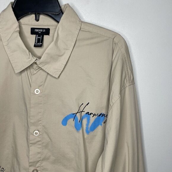 FOREVER 21 Shirt Mens Large L Khaki Tan Button-Up Graphic Design Harmony Balance - Picture 2 of 9